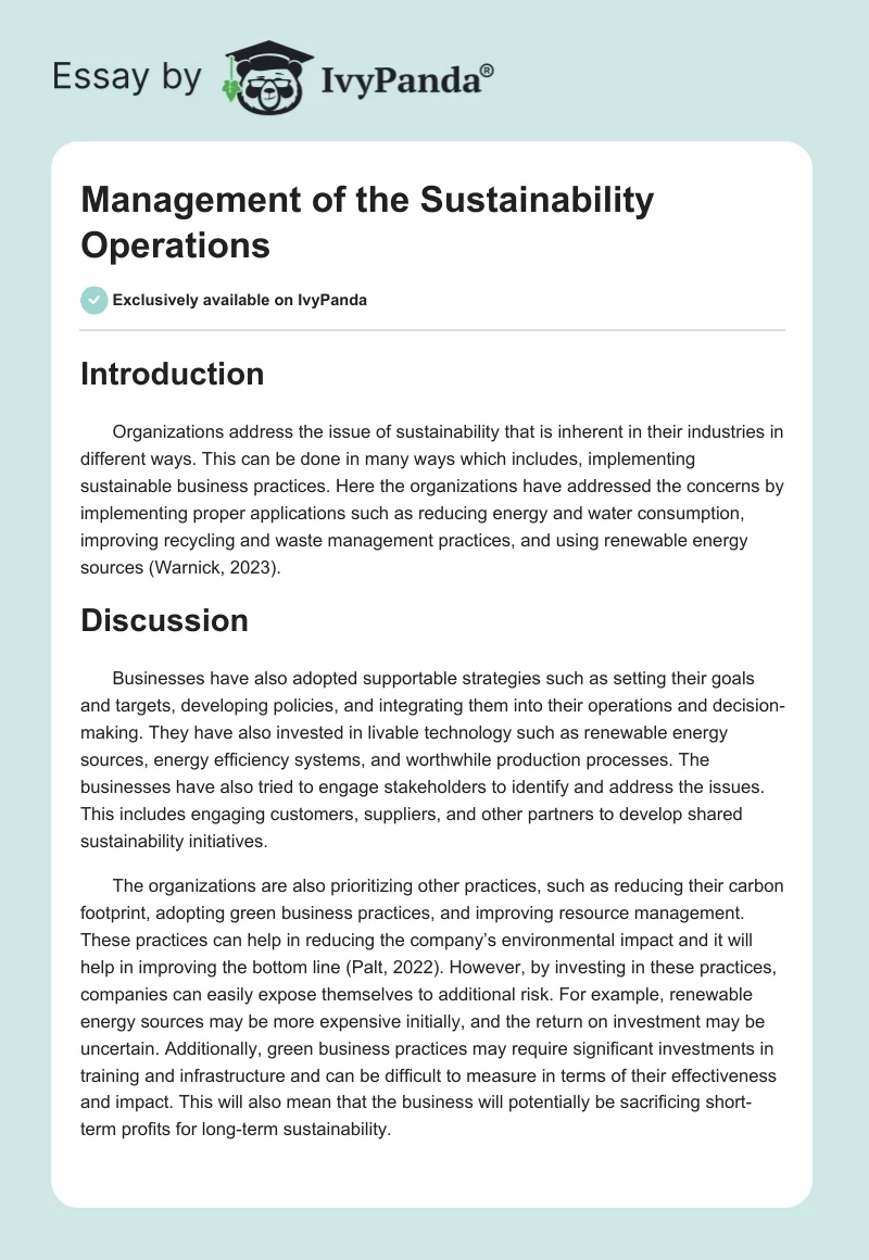 Management of the Sustainability Operations. Page 1