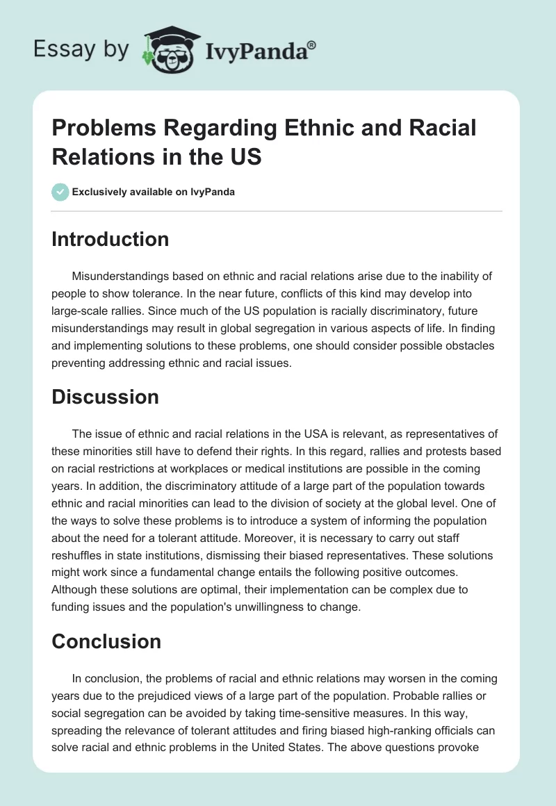 Problems Regarding Ethnic and Racial Relations in the US. Page 1