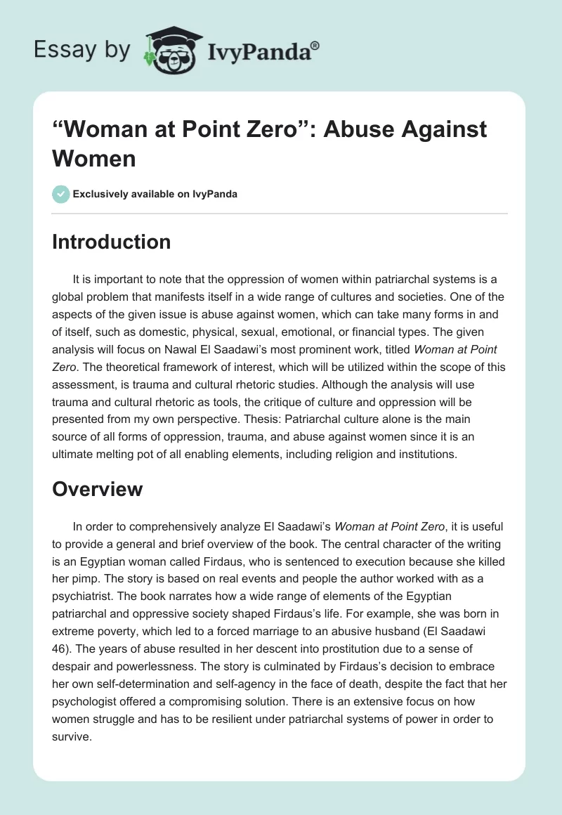 “Woman at Point Zero”: Abuse Against Women. Page 1