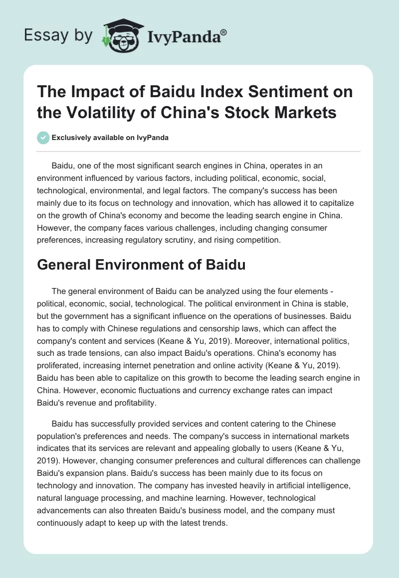 The Impact of Baidu Index Sentiment on the Volatility of China's Stock Markets. Page 1