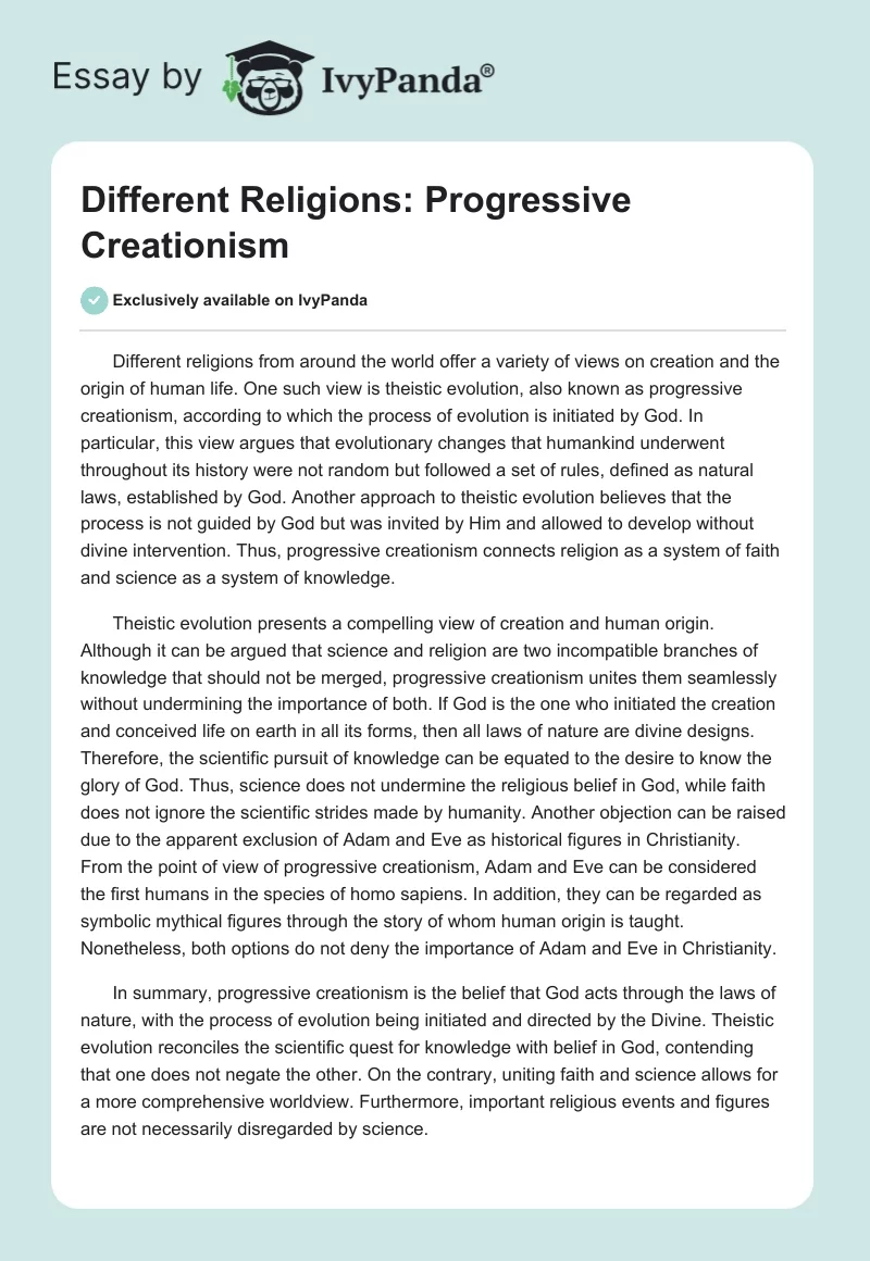 Different Religions: Progressive Creationism. Page 1