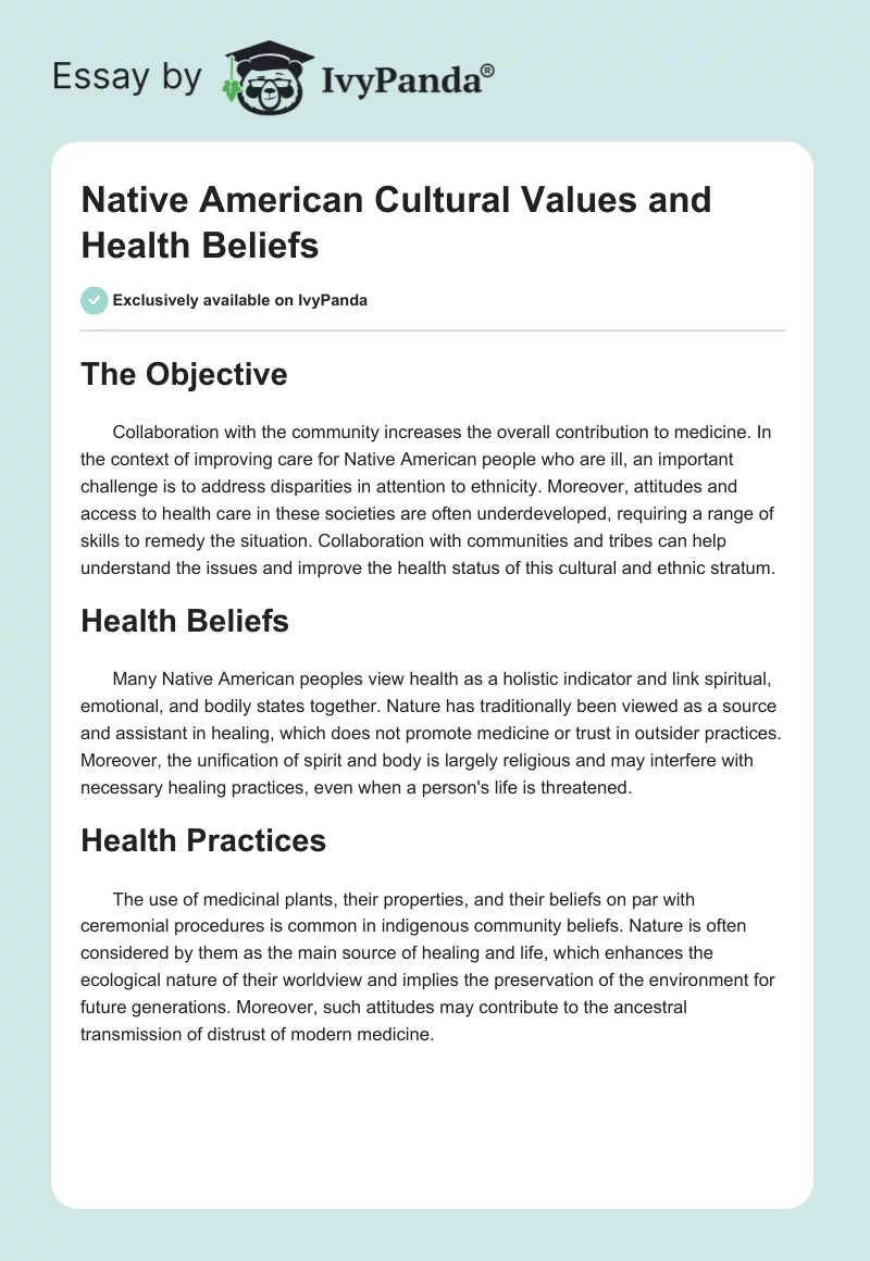Native American Cultural Values and Health Beliefs. Page 1