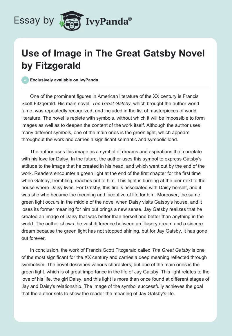 Use of Image in "The Great Gatsby" Novel by Fitzgerald. Page 1