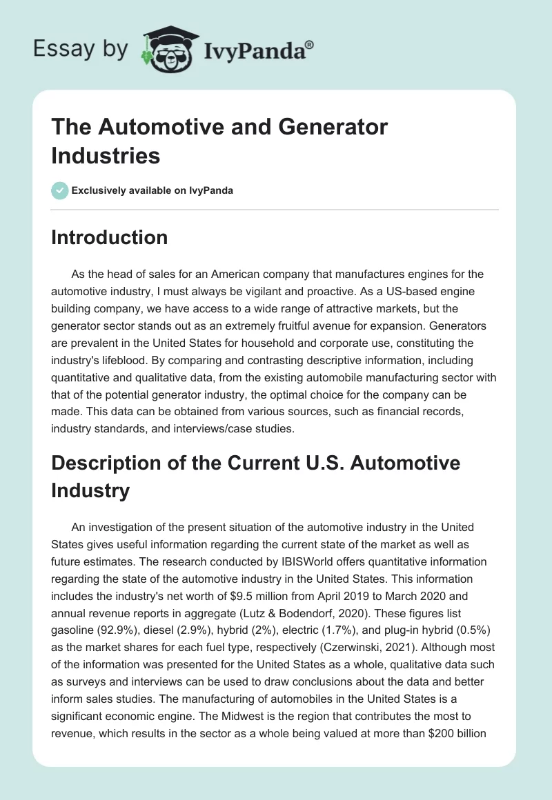 The Automotive and Generator Industries. Page 1