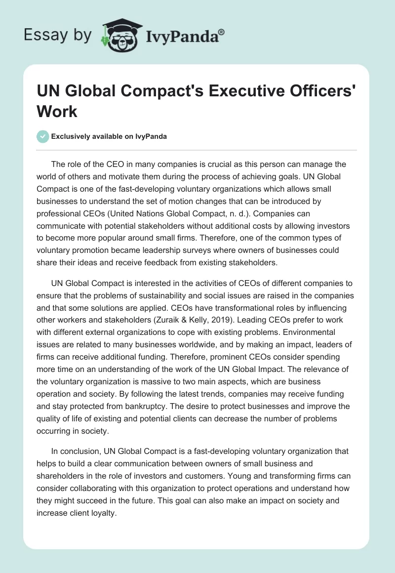 UN Global Compact's Executive Officers' Work. Page 1