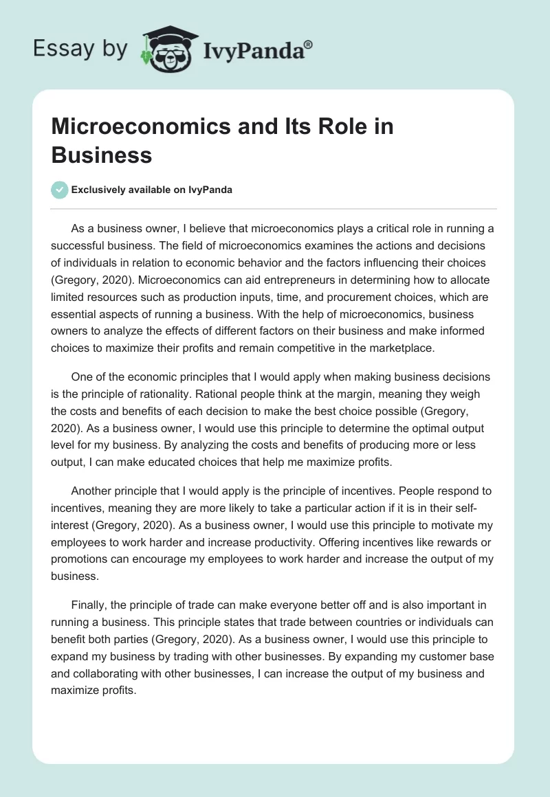 Microeconomics and Its Role in Business. Page 1