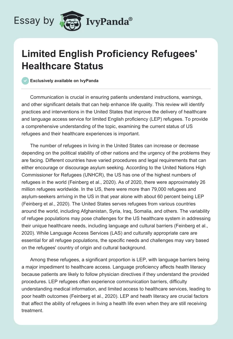 Limited English Proficiency Refugees' Healthcare Status. Page 1