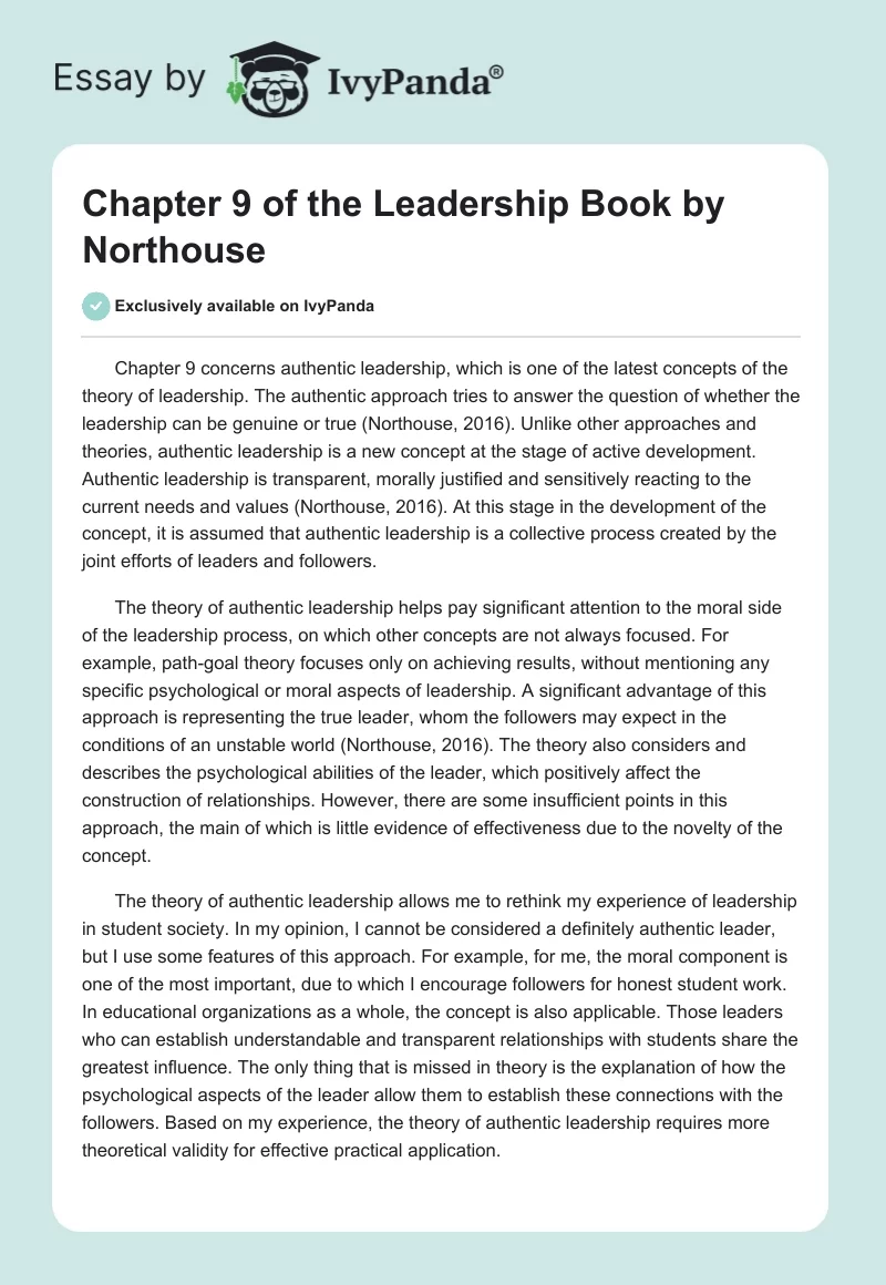 Chapter 9 of the Leadership Book by Northouse. Page 1