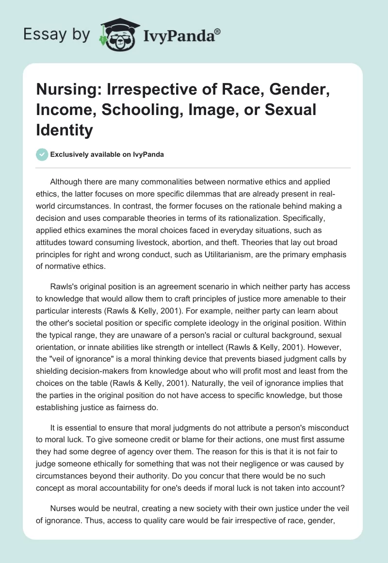 Nursing: Irrespective of Race, Gender, Income, Schooling, Image, or Sexual Identity. Page 1