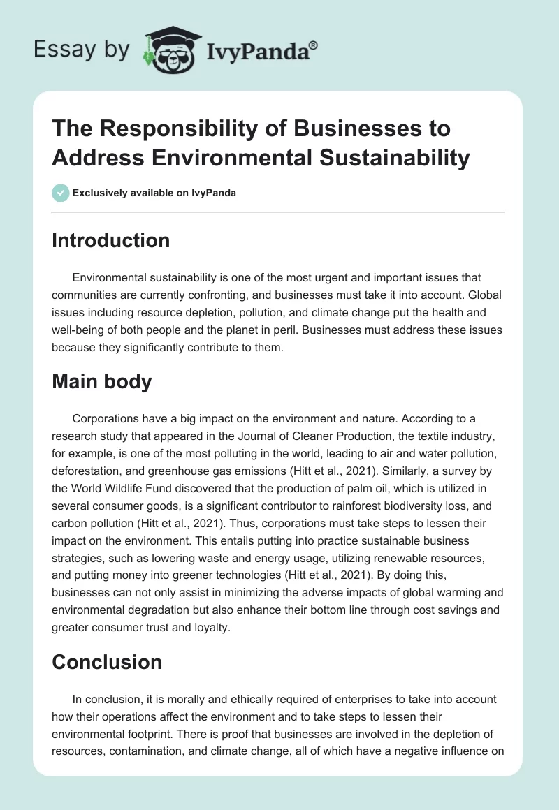 The Responsibility of Businesses to Address Environmental Sustainability. Page 1