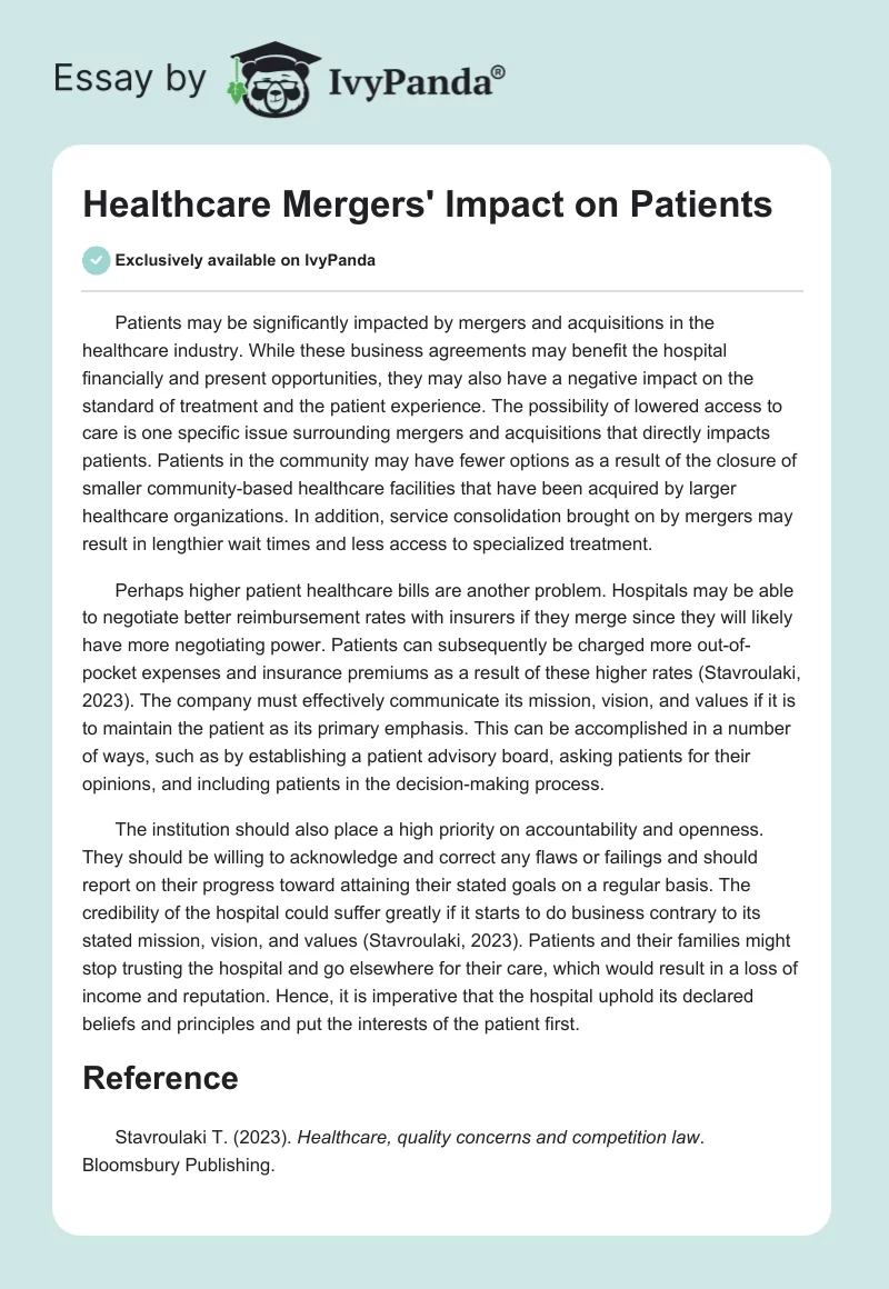 Healthcare Mergers' Impact on Patients. Page 1