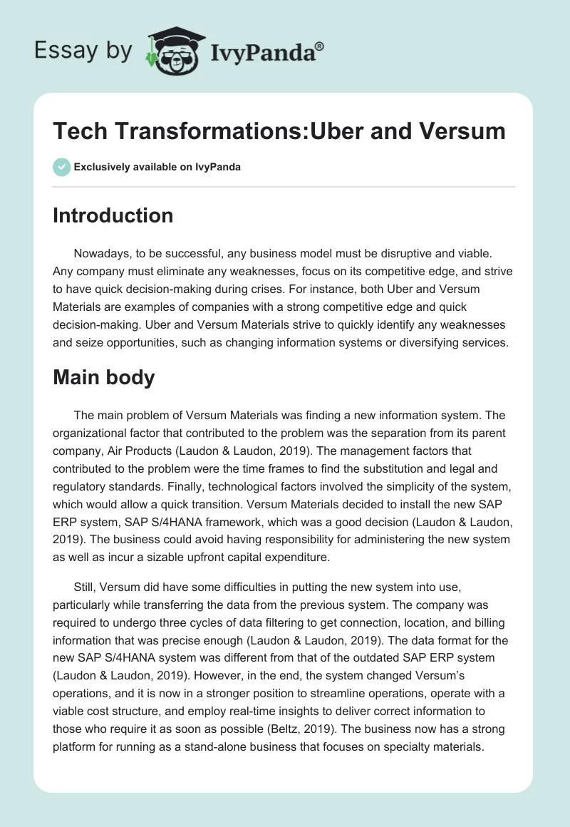 Tech Transformations:Uber and Versum. Page 1