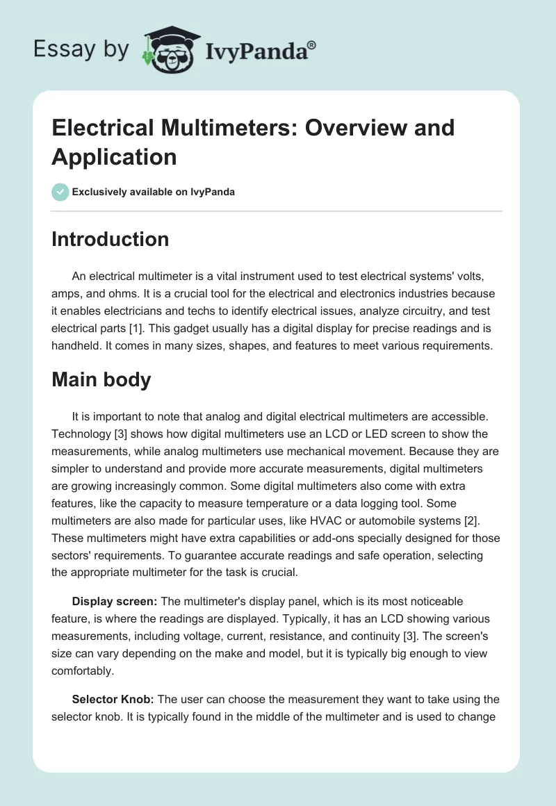 Electrical Multimeters: Overview and Application. Page 1