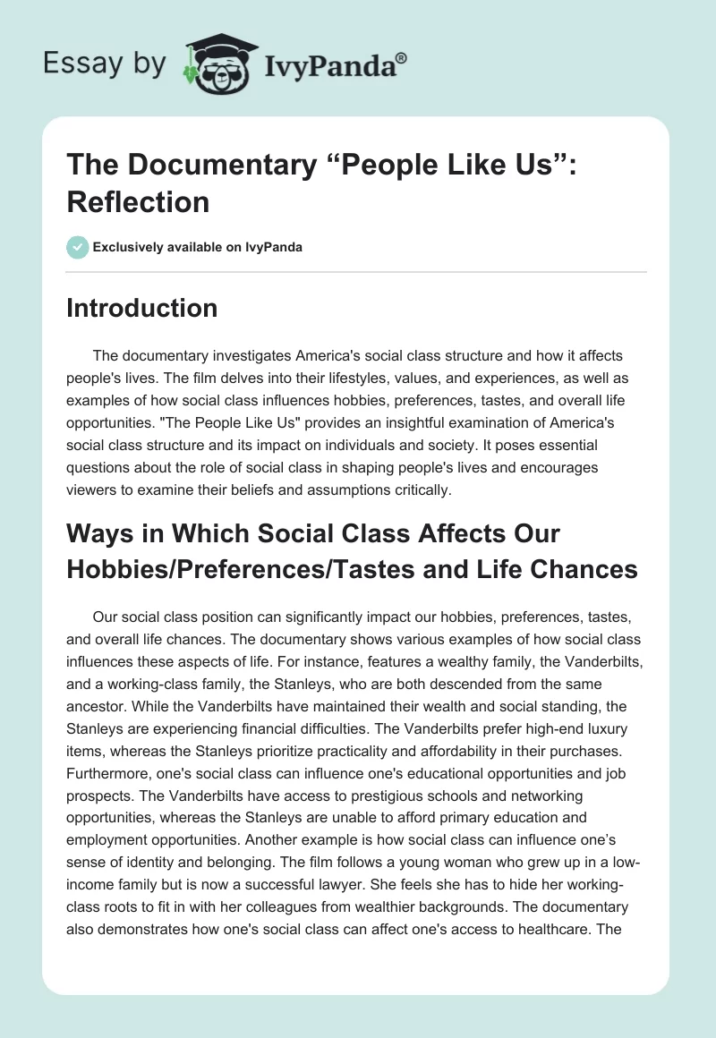 The Documentary “People Like Us”: Reflection. Page 1