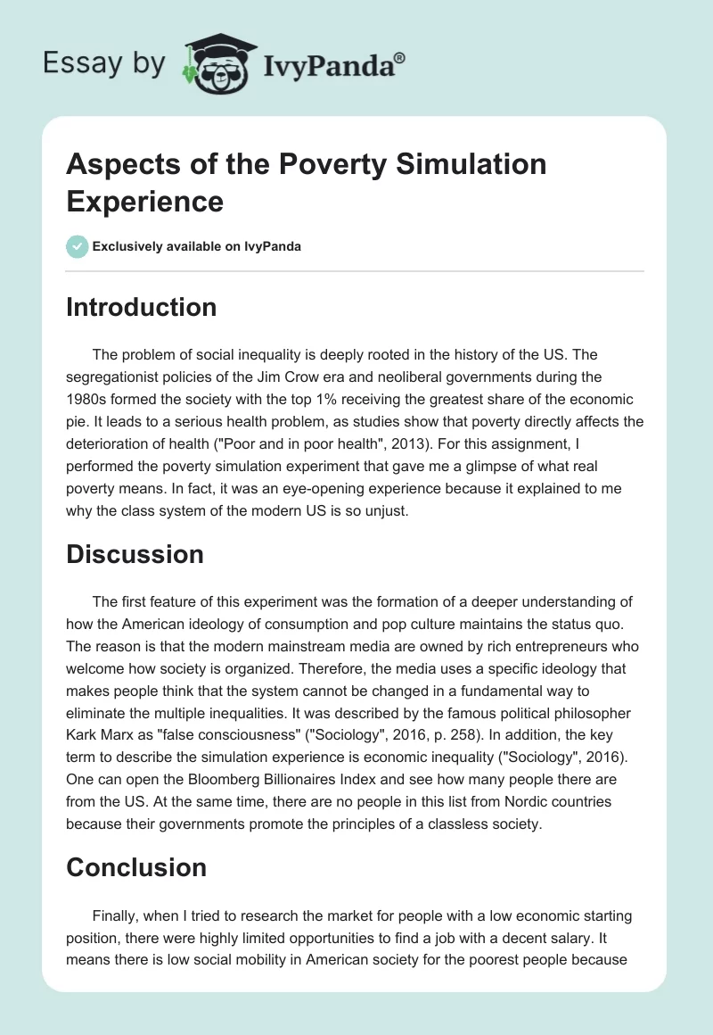 Aspects of the Poverty Simulation Experience. Page 1
