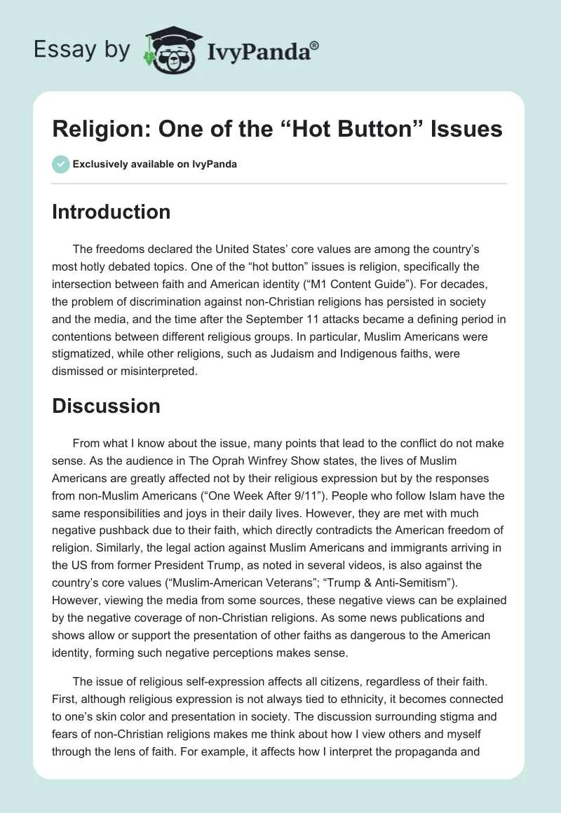 Religion: One of the “Hot Button” Issues. Page 1