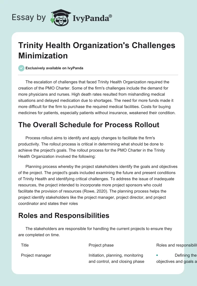 Trinity Health Organization's Challenges Minimization. Page 1