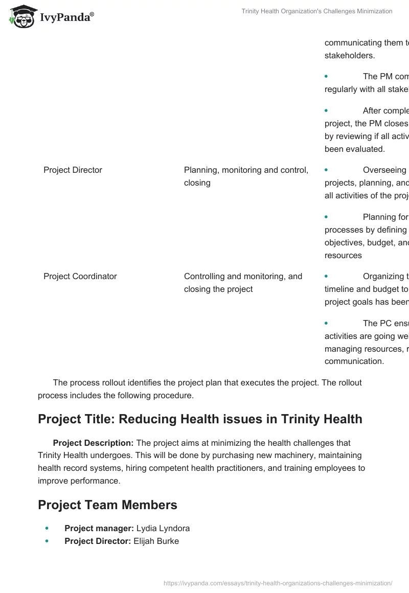 Trinity Health Organization's Challenges Minimization. Page 2