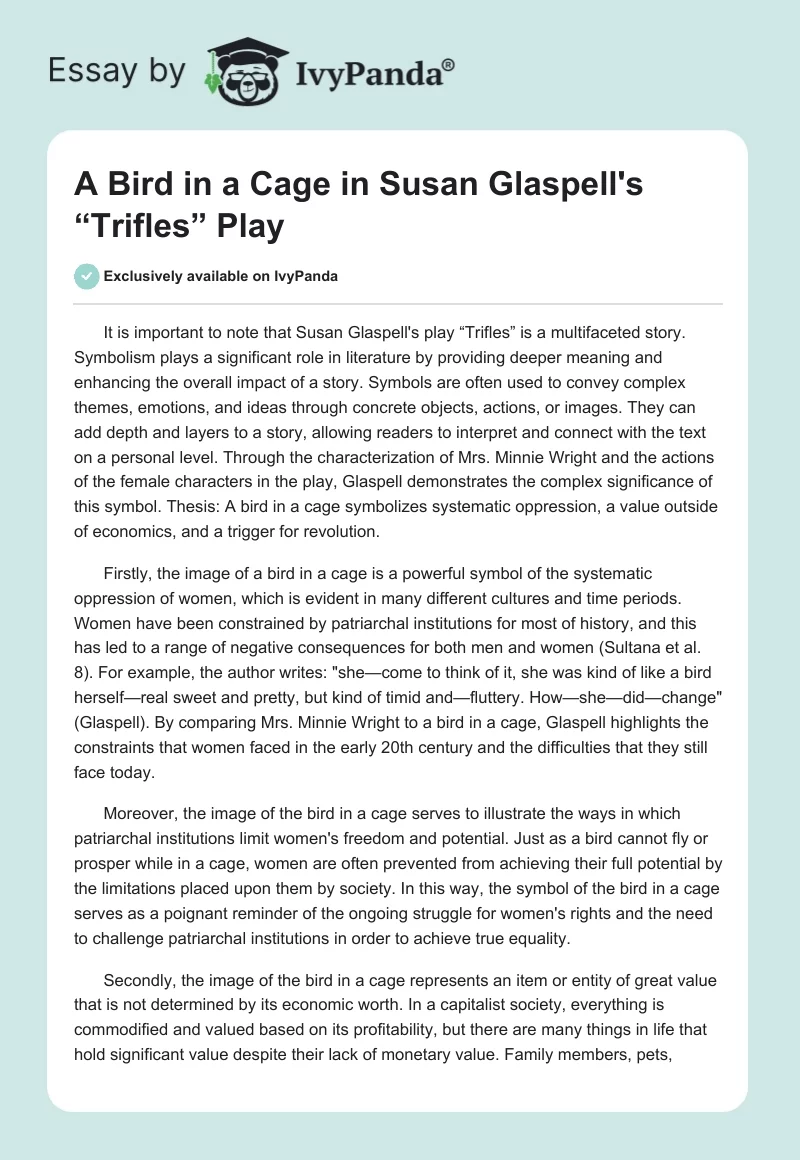 A Bird in a Cage in Susan Glaspell's “Trifles” Play. Page 1