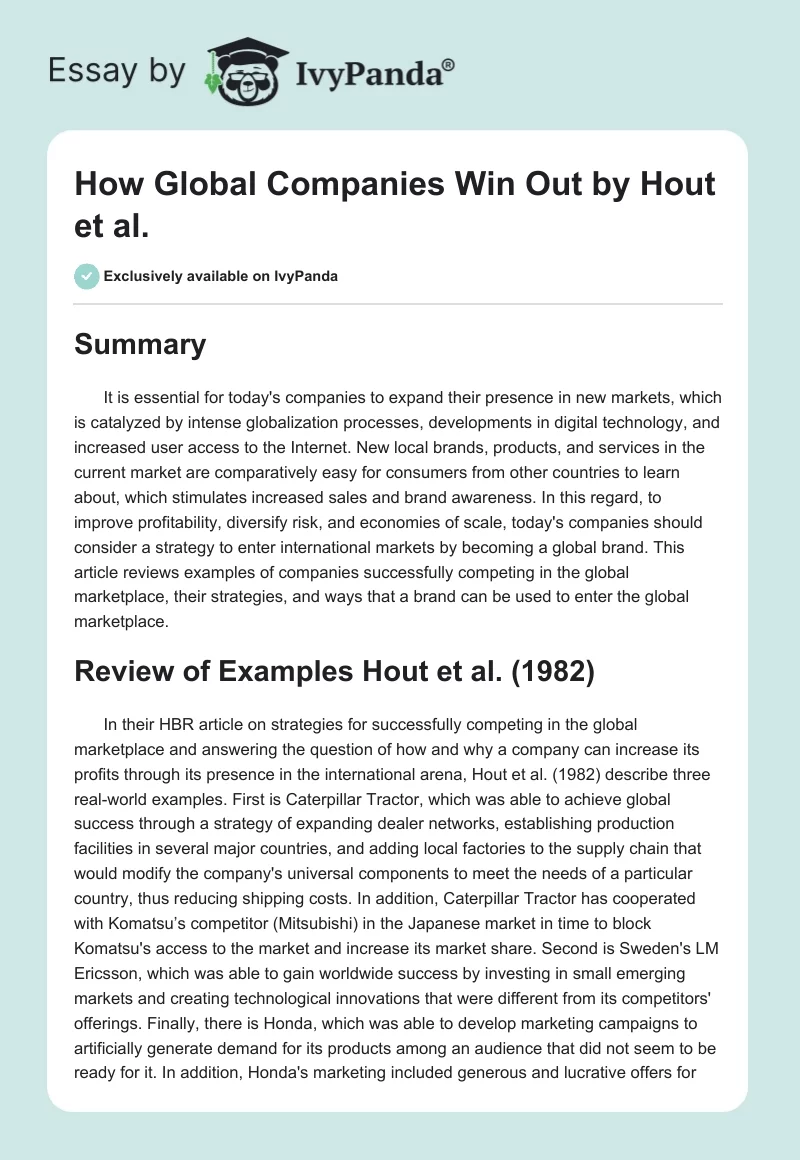 How Global Companies Win Out by Hout et al.. Page 1