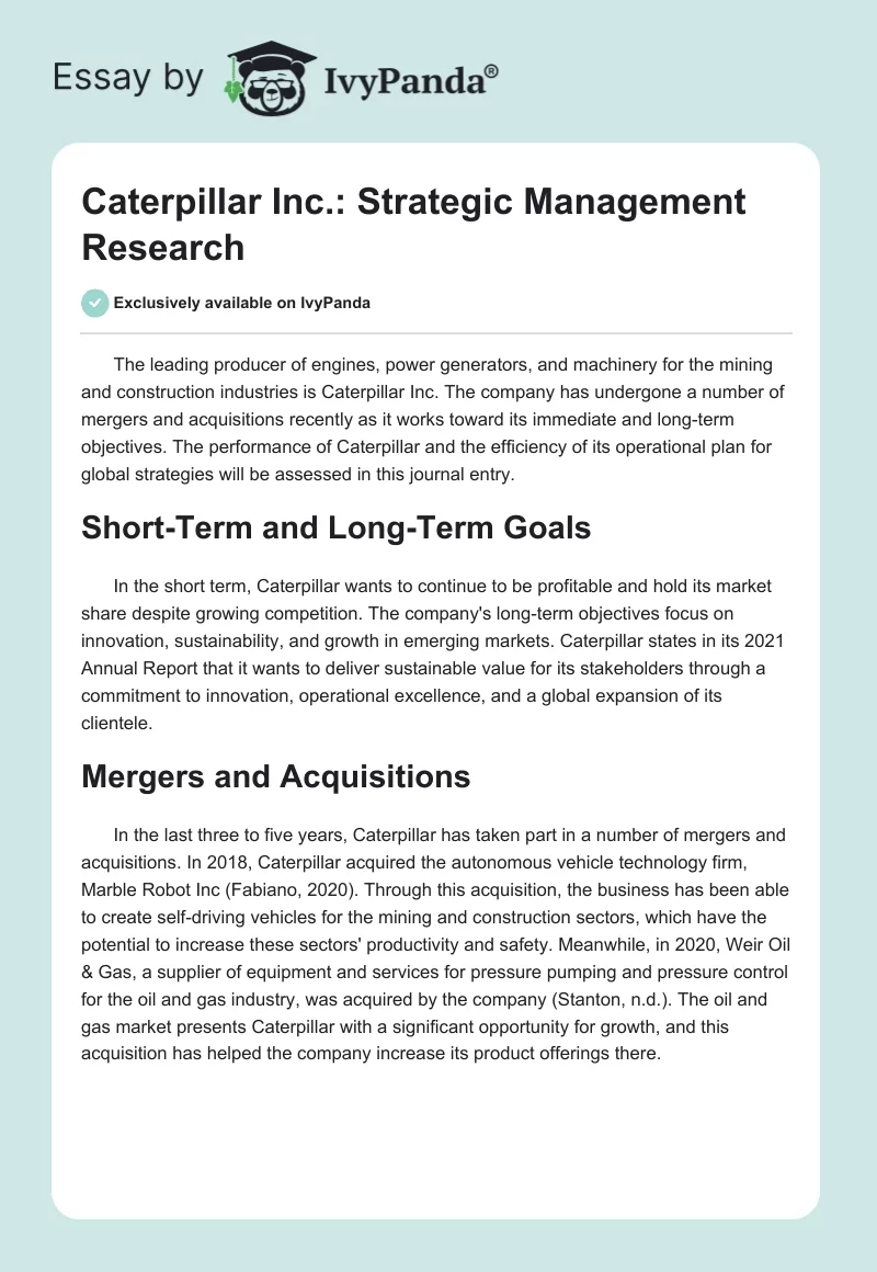 Caterpillar Inc.: Strategic Management Research. Page 1