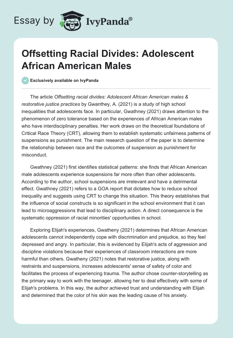 Offsetting Racial Divides: Adolescent African American Males. Page 1