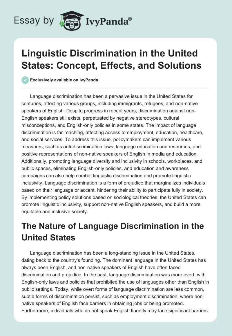 Linguistic Discrimination in the United States: Concept, Effects, and Solutions. Page 1