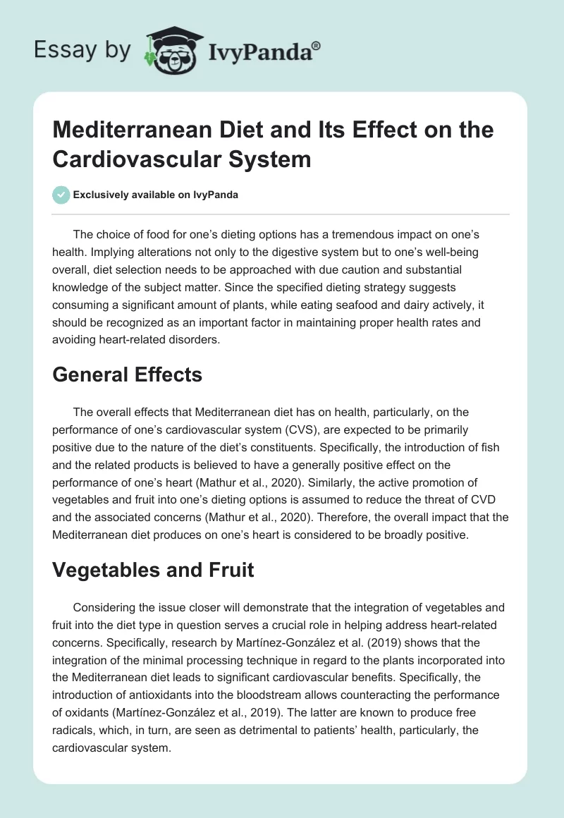 Mediterranean Diet and Its Effect on the Cardiovascular System. Page 1