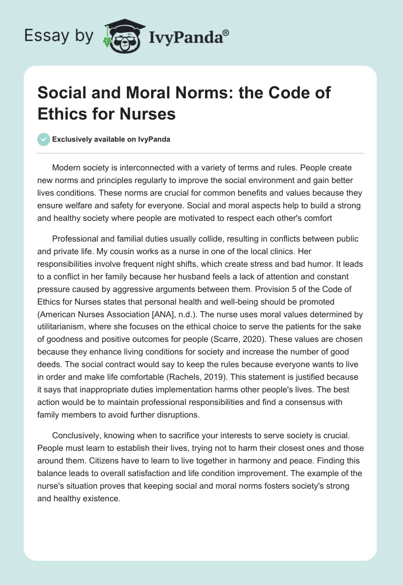 Social and Moral Norms: the Code of Ethics for Nurses. Page 1