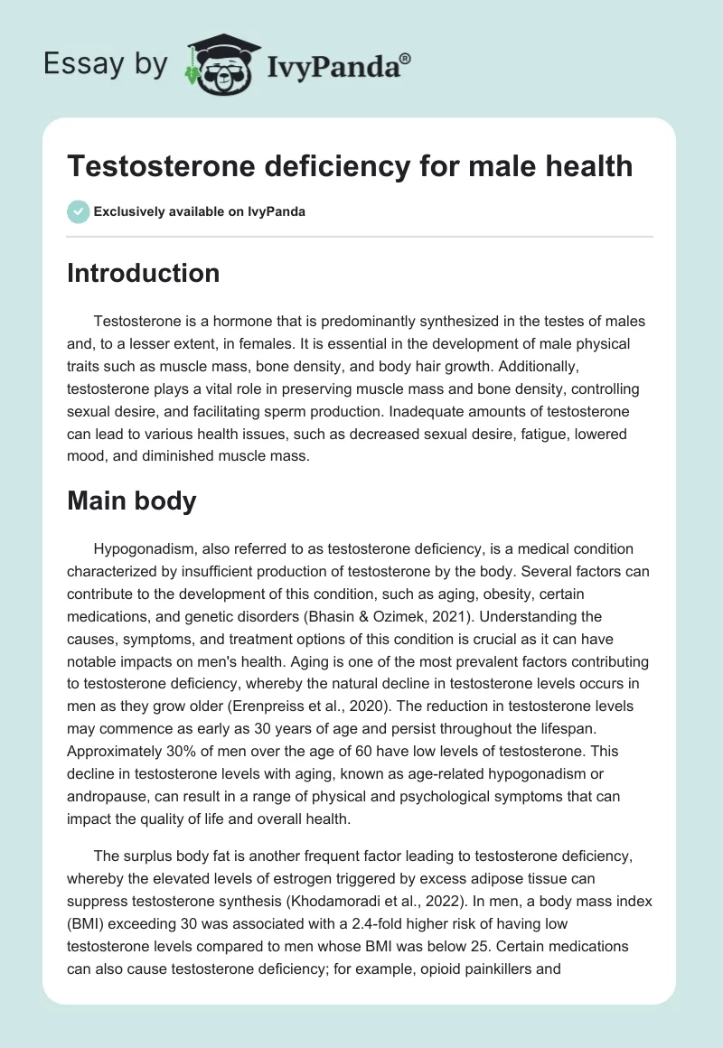 Testosterone deficiency for male health. Page 1
