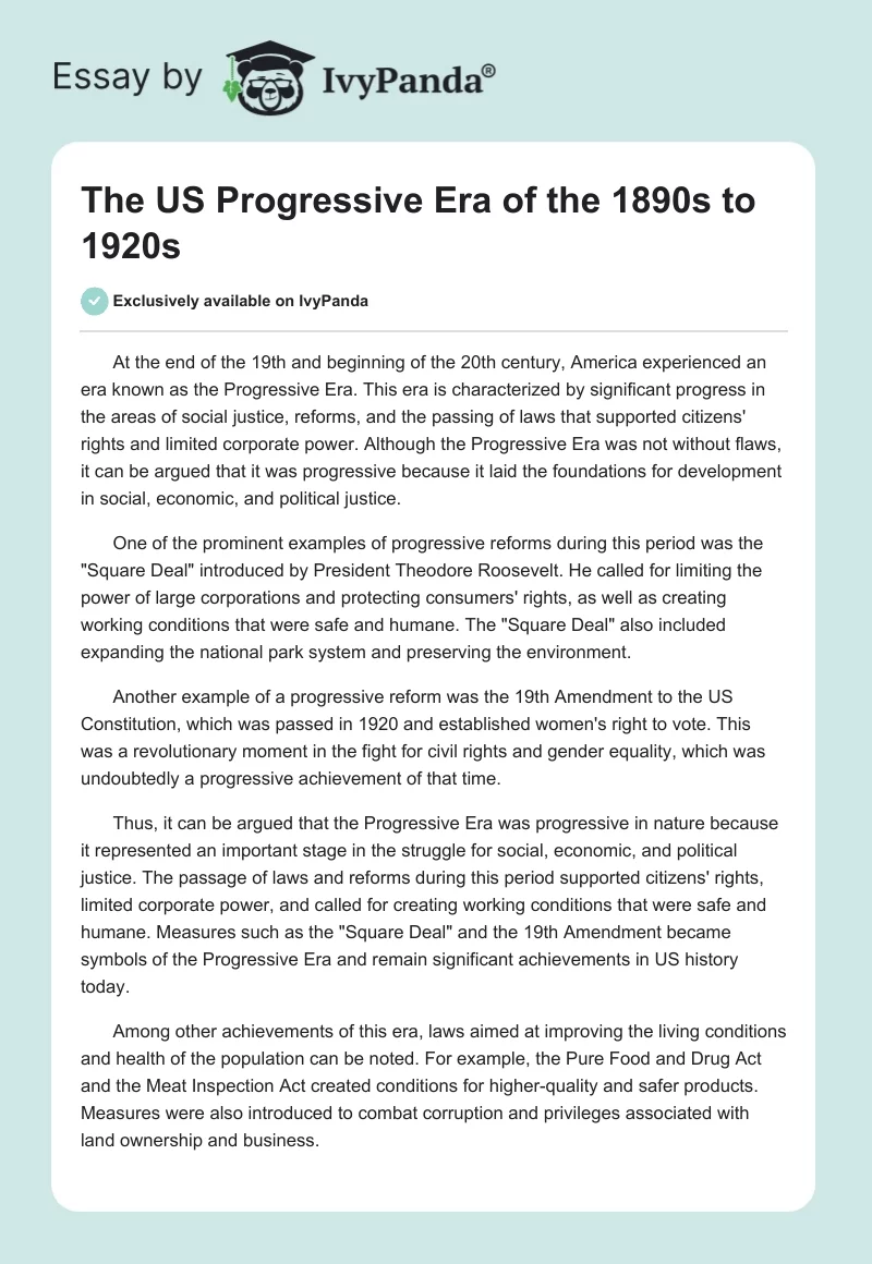 The US Progressive Era of the 1890s to 1920s. Page 1