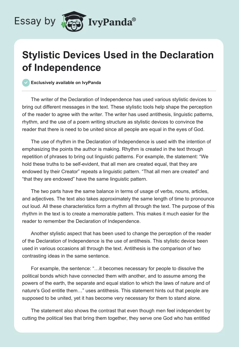 Stylistic Devices Used in the Declaration of Independence. Page 1