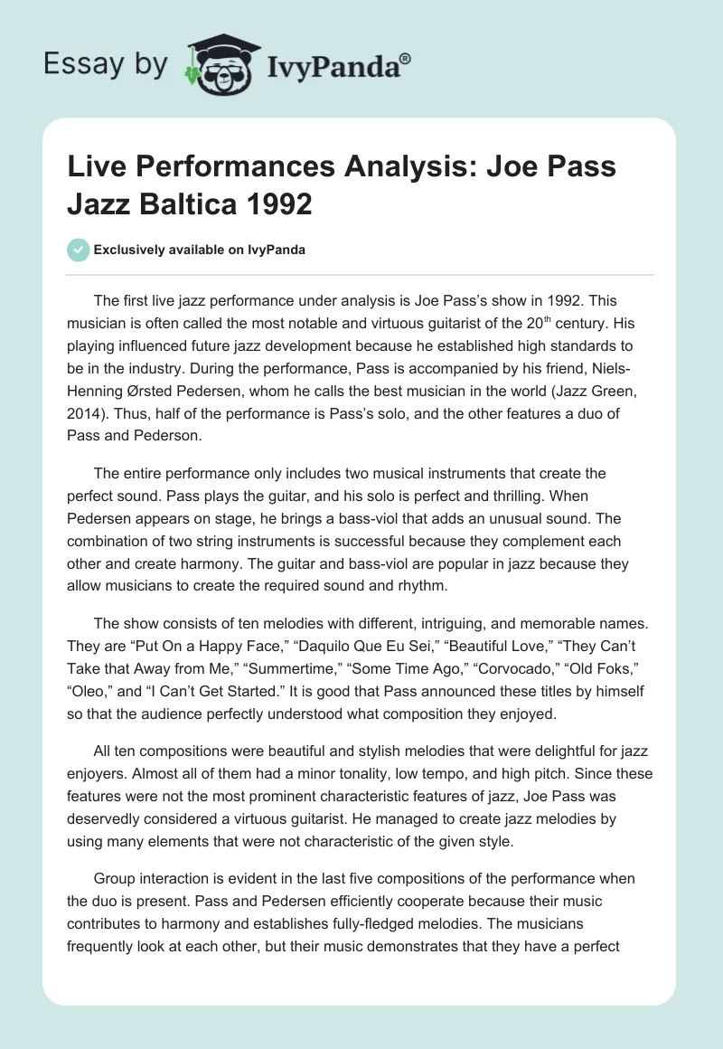 Live Performances Analysis: Joe Pass Jazz Baltica 1992. Page 1