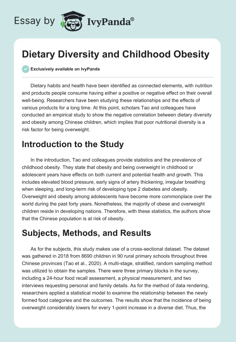 Dietary Diversity and Childhood Obesity. Page 1