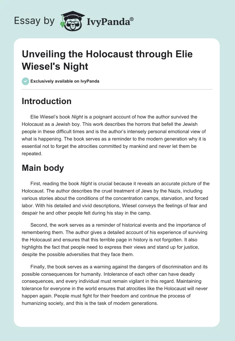 Unveiling the Holocaust through Elie Wiesel's Night. Page 1