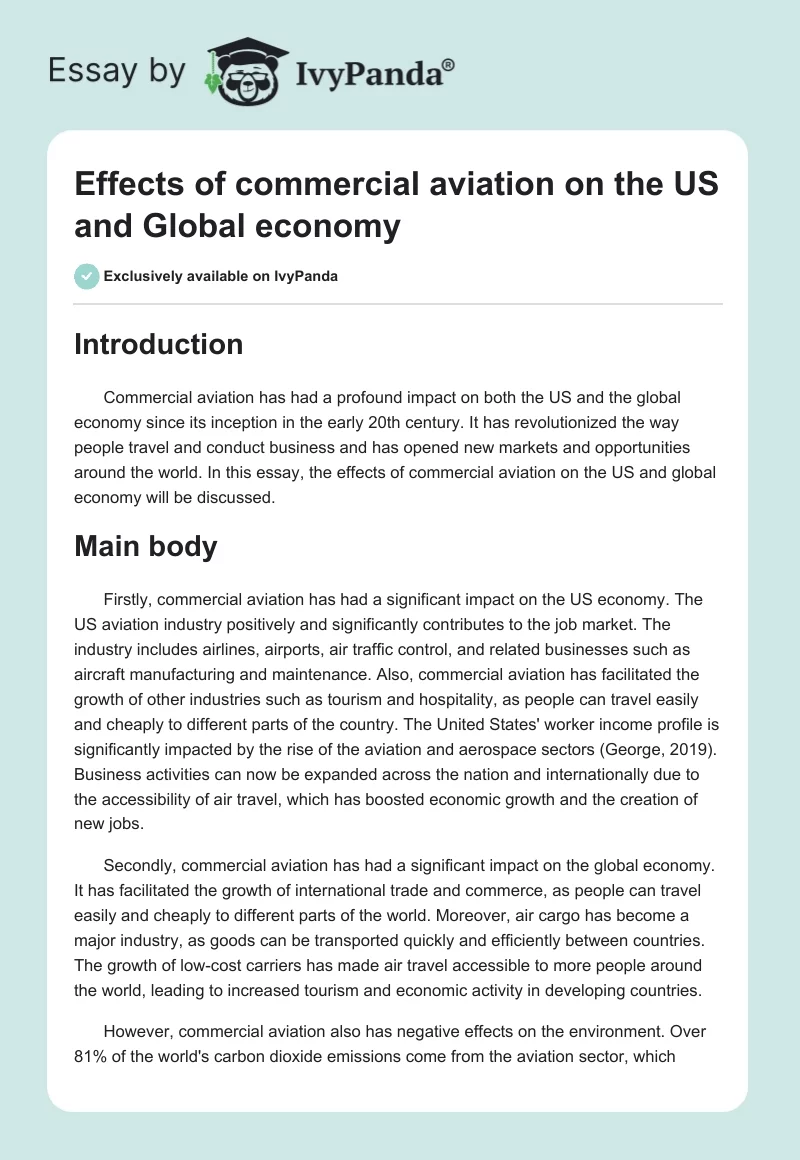 Effects of commercial aviation on the US and Global economy. Page 1