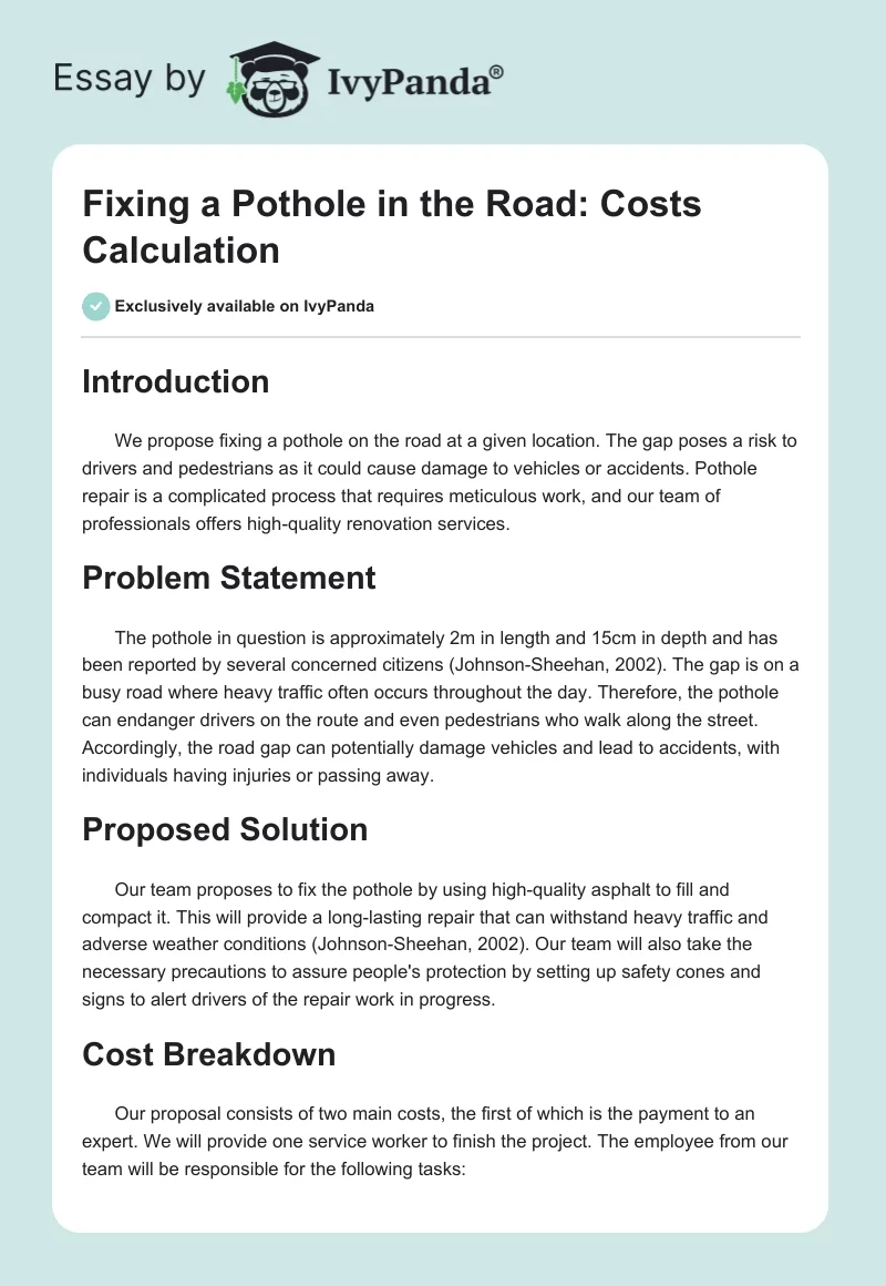 Fixing a Pothole in the Road: Costs Calculation. Page 1