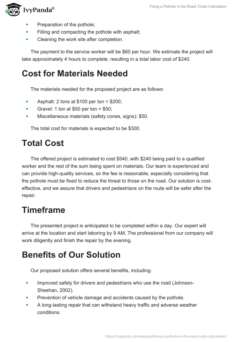Fixing a Pothole in the Road: Costs Calculation. Page 2