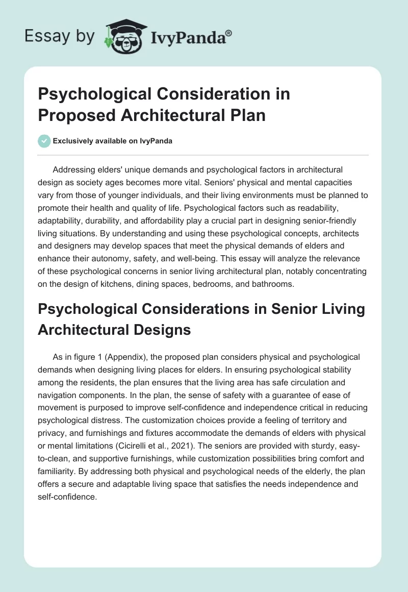 Psychological Consideration in Proposed Architectural Plan. Page 1