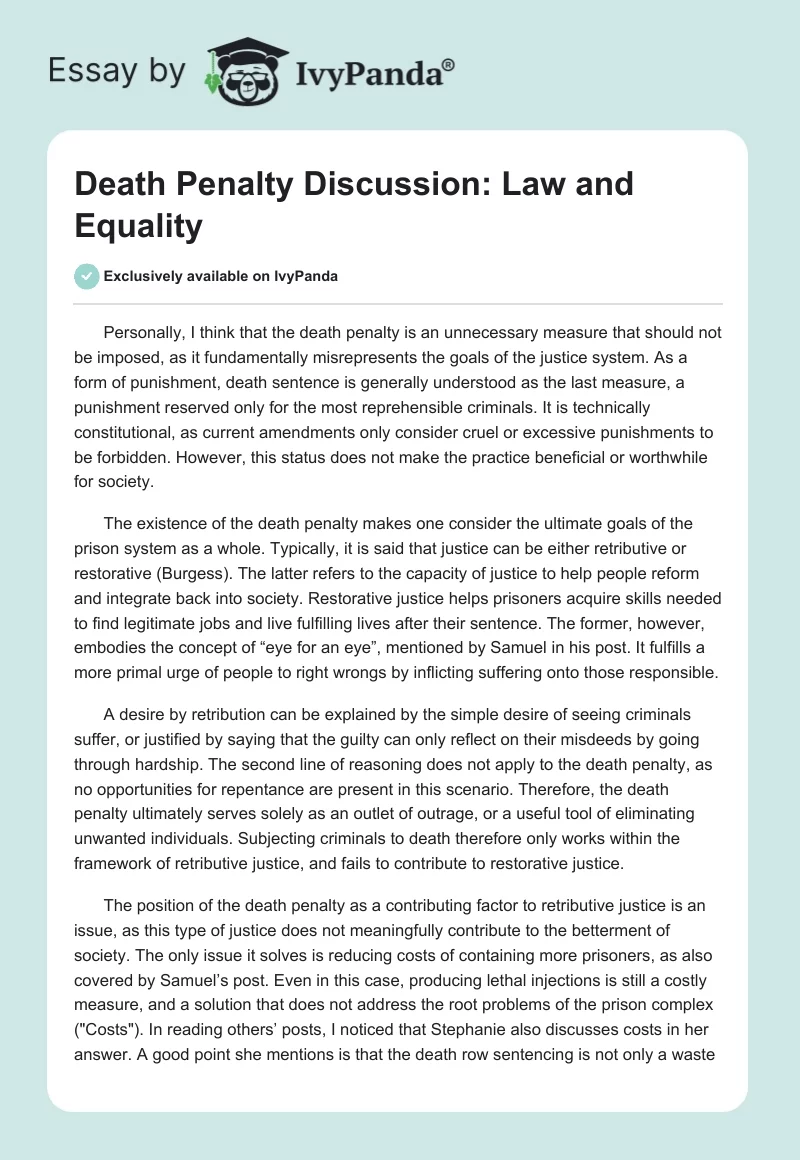 Death Penalty Discussion: Law and Equality. Page 1