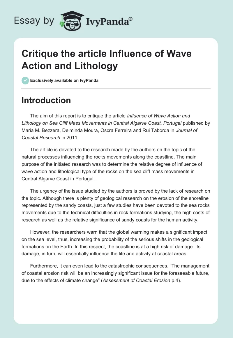 Critique the article Influence of Wave Action and Lithology. Page 1