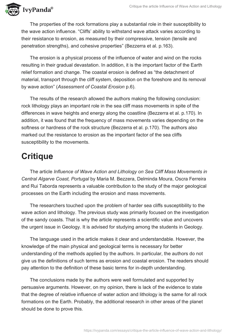 Critique the article Influence of Wave Action and Lithology. Page 3