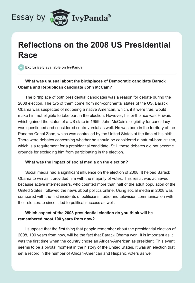 Reflections on the 2008 US Presidential Race. Page 1