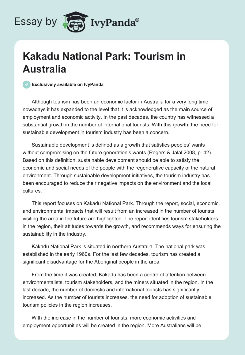 Kakadu National Park: Tourism in Australia. Page 1