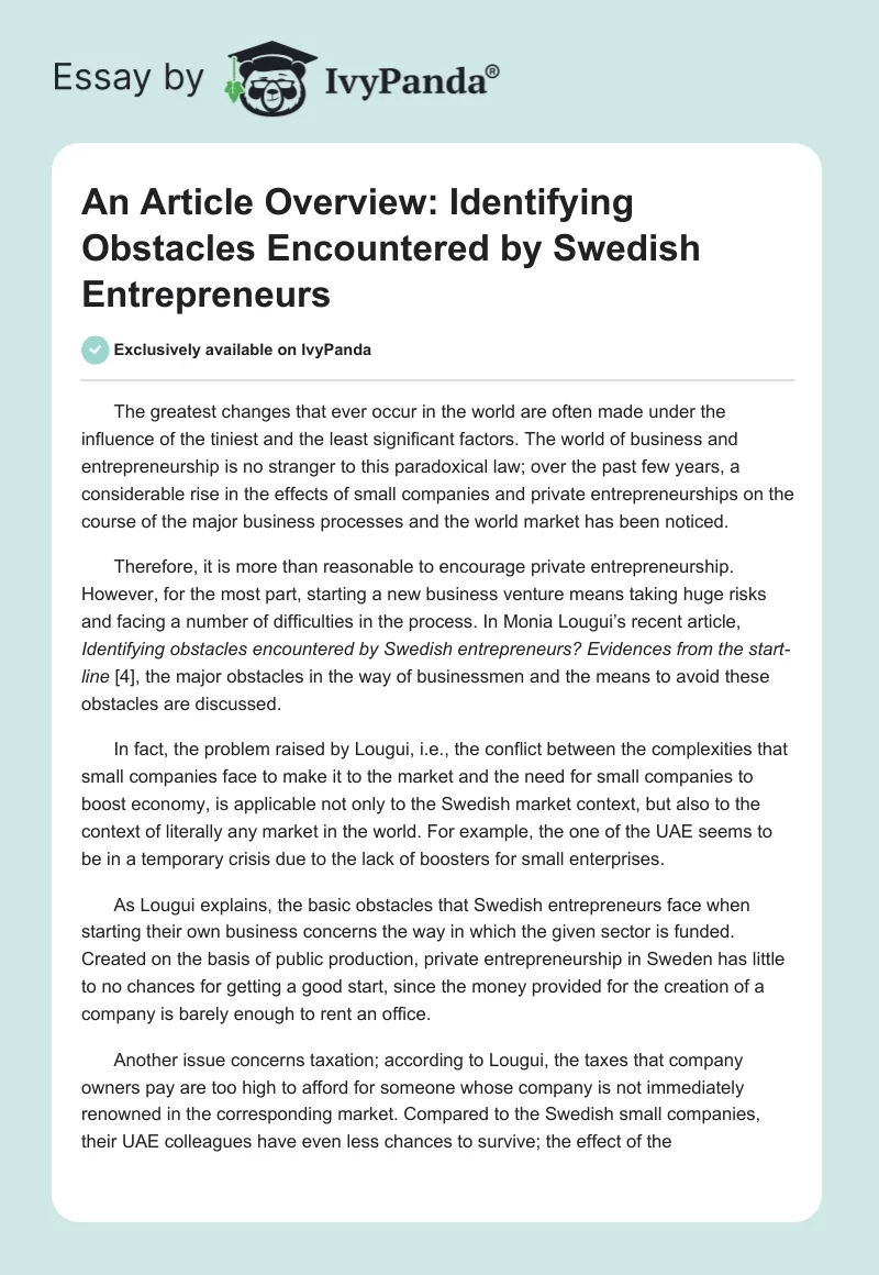 An Article Overview: Identifying Obstacles Encountered by Swedish Entrepreneurs. Page 1