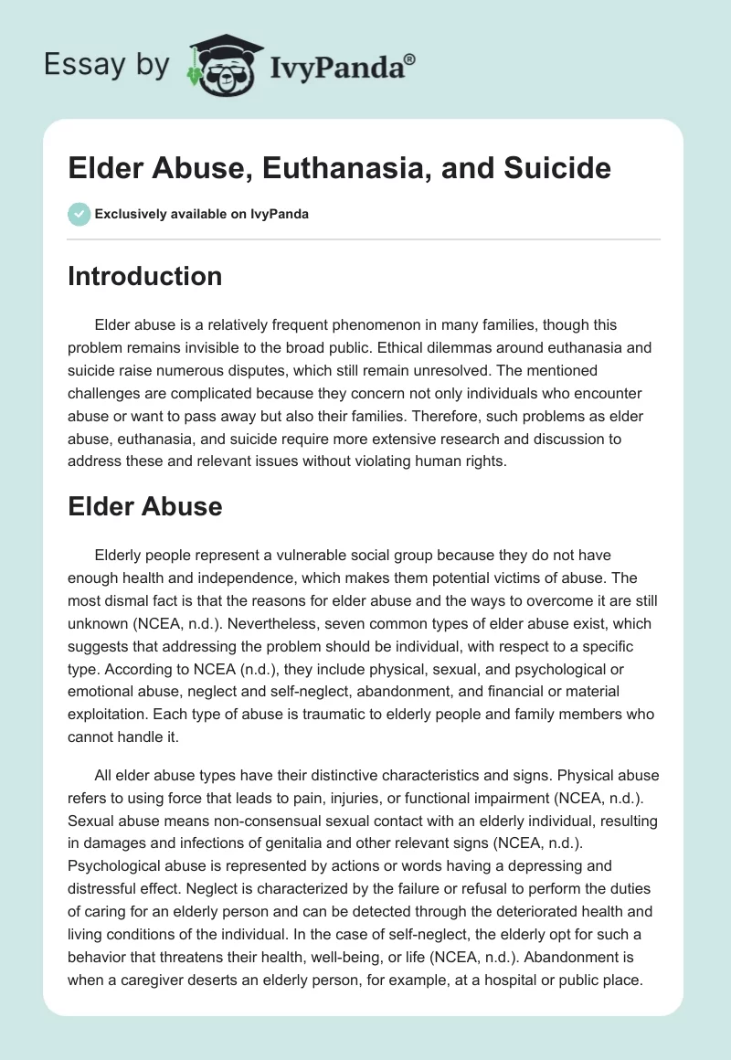Elder Abuse, Euthanasia, and Suicide. Page 1