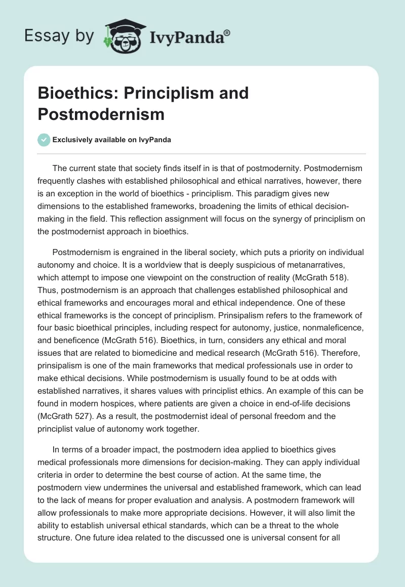 Bioethics: Principlism and Postmodernism. Page 1