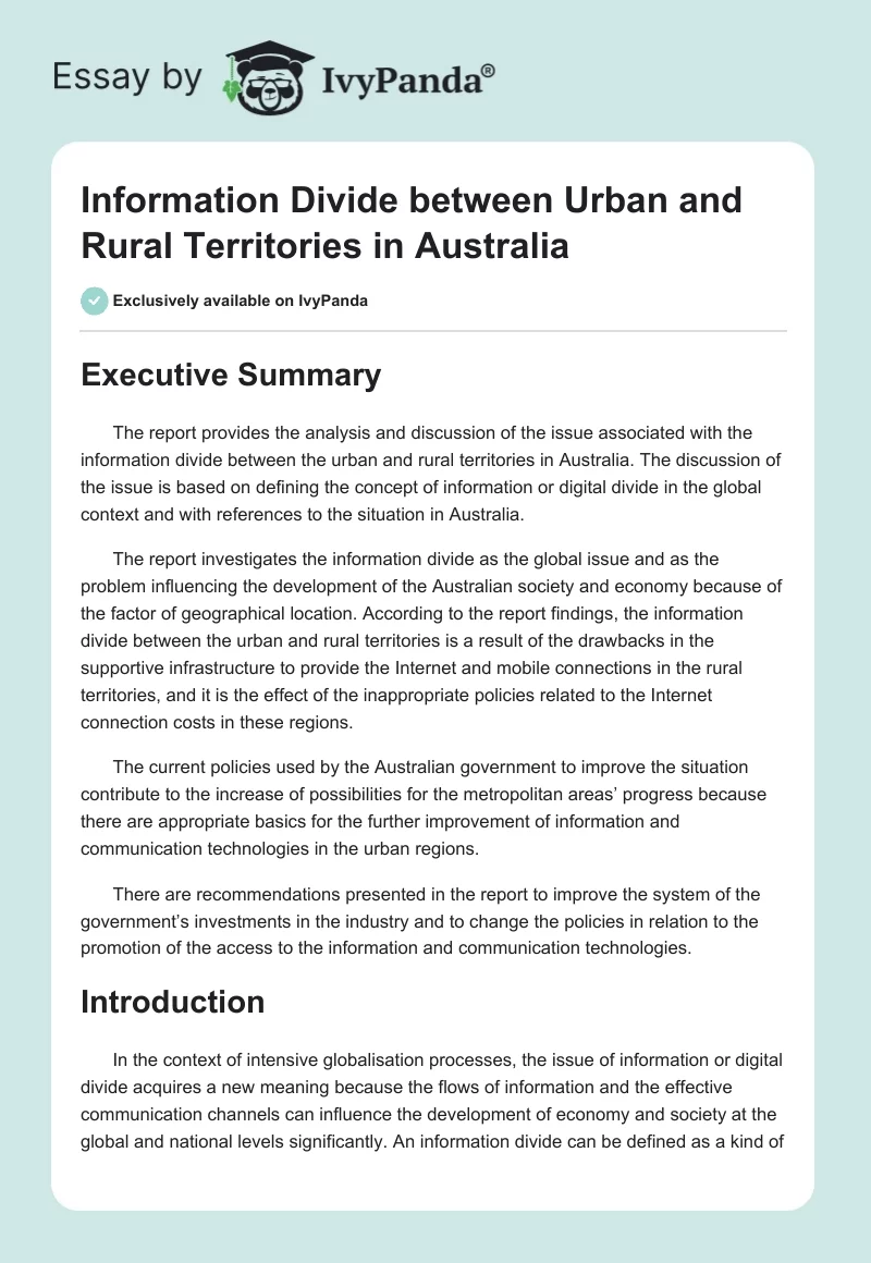 Information Divide between Urban and Rural Territories in Australia. Page 1