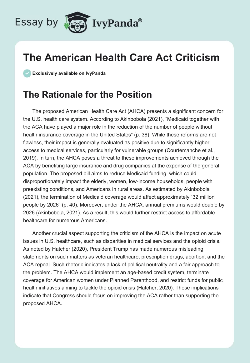 The American Health Care Act Criticism. Page 1