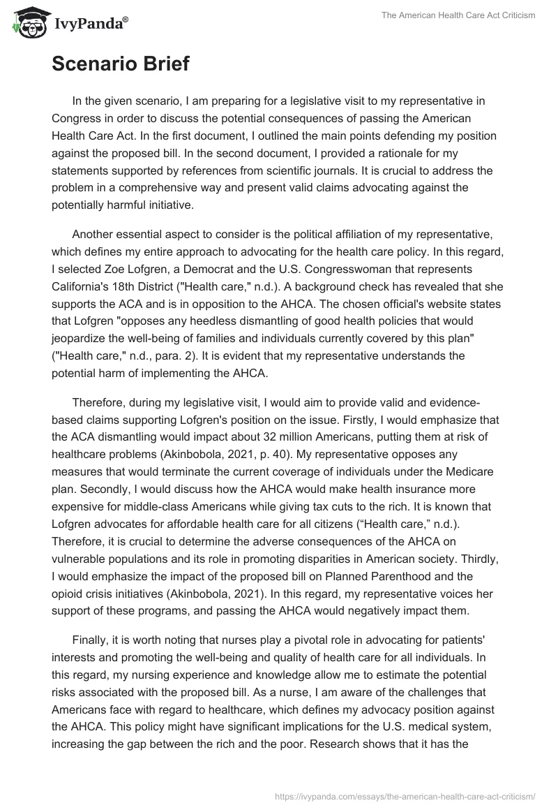 The American Health Care Act Criticism. Page 2